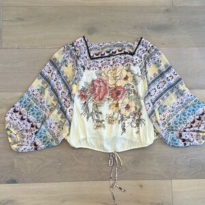 Free People Cream Blouse with Bell Sleeves and Tie Front